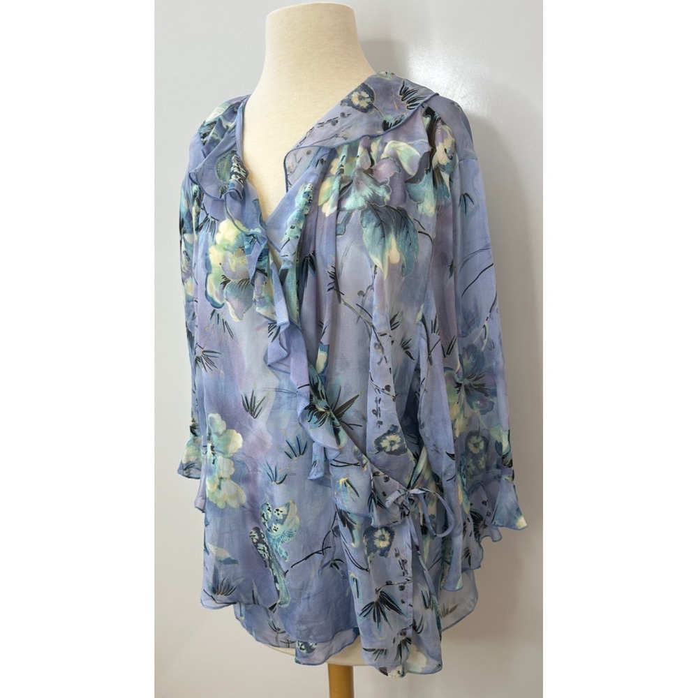 Midnight Velvet 100% Silk Ruffle Wrap Blouse Blue Floral Sheer Top Plus Size 18W - Picture 13 of 13
